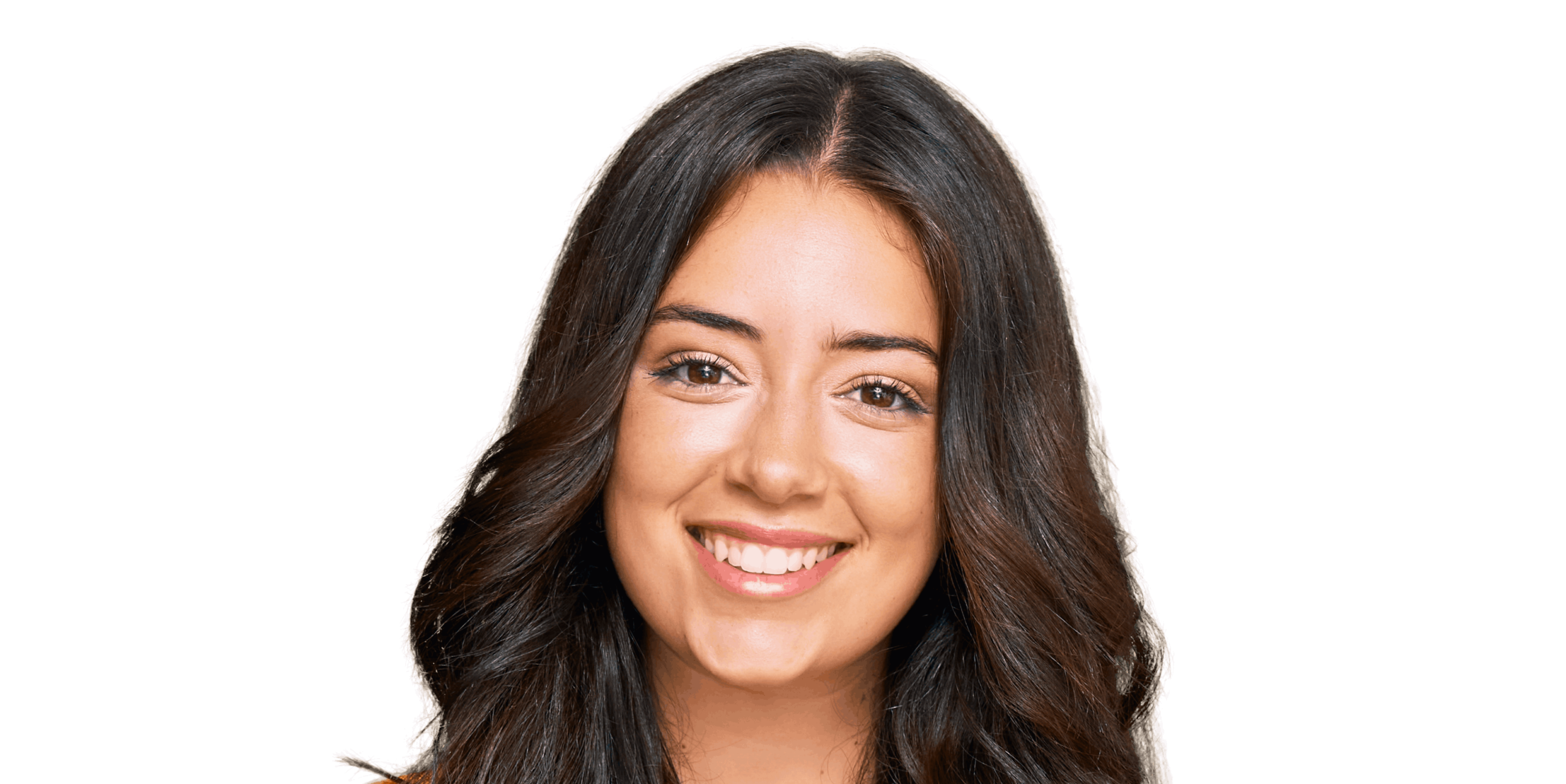 Close-up portrait of a young woman with long, dark, wavy hair, smiling warmly with her eyes looking at the camera. White background.