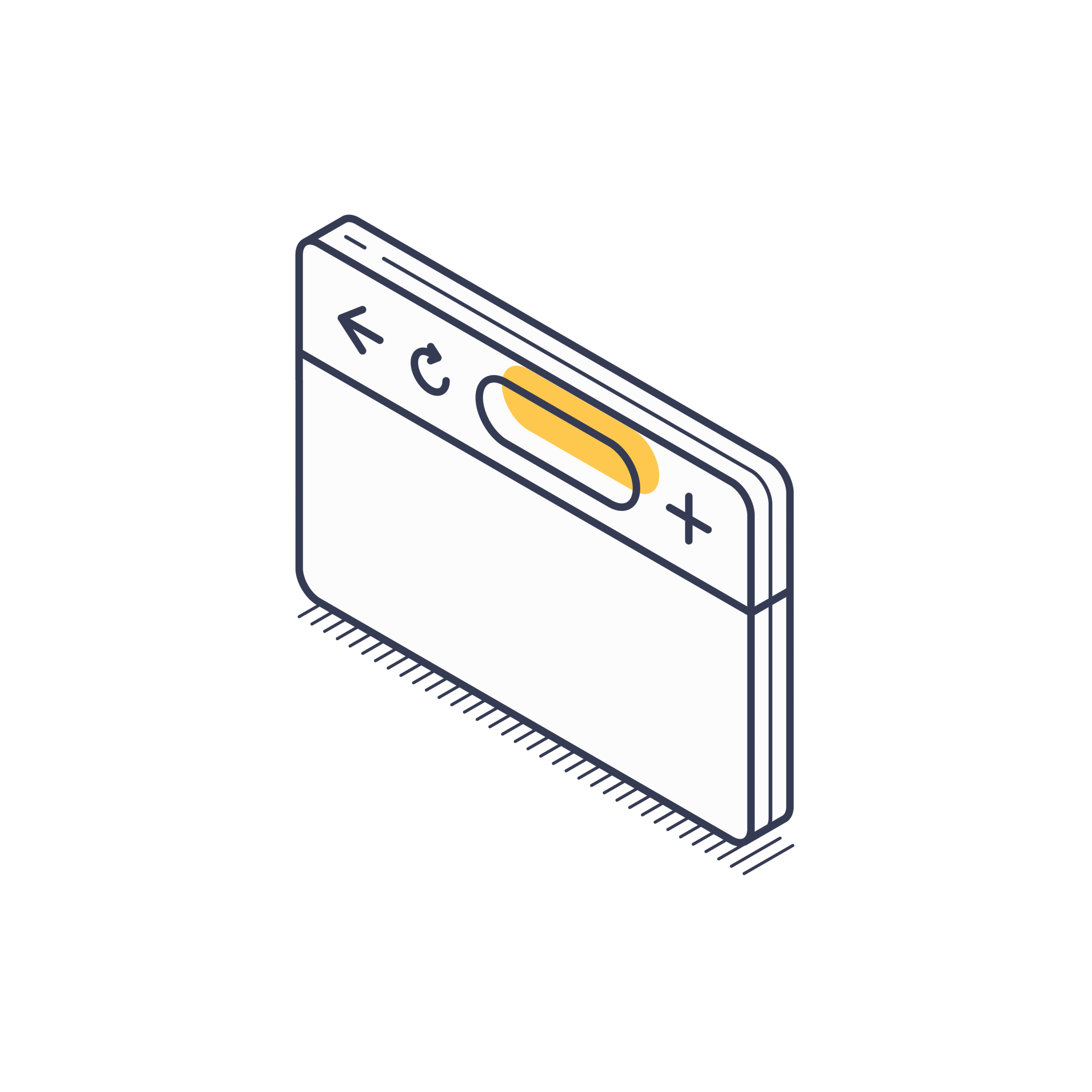 Isometric illustration of a browser window with back arrow, refresh icon, search bar, and close button.