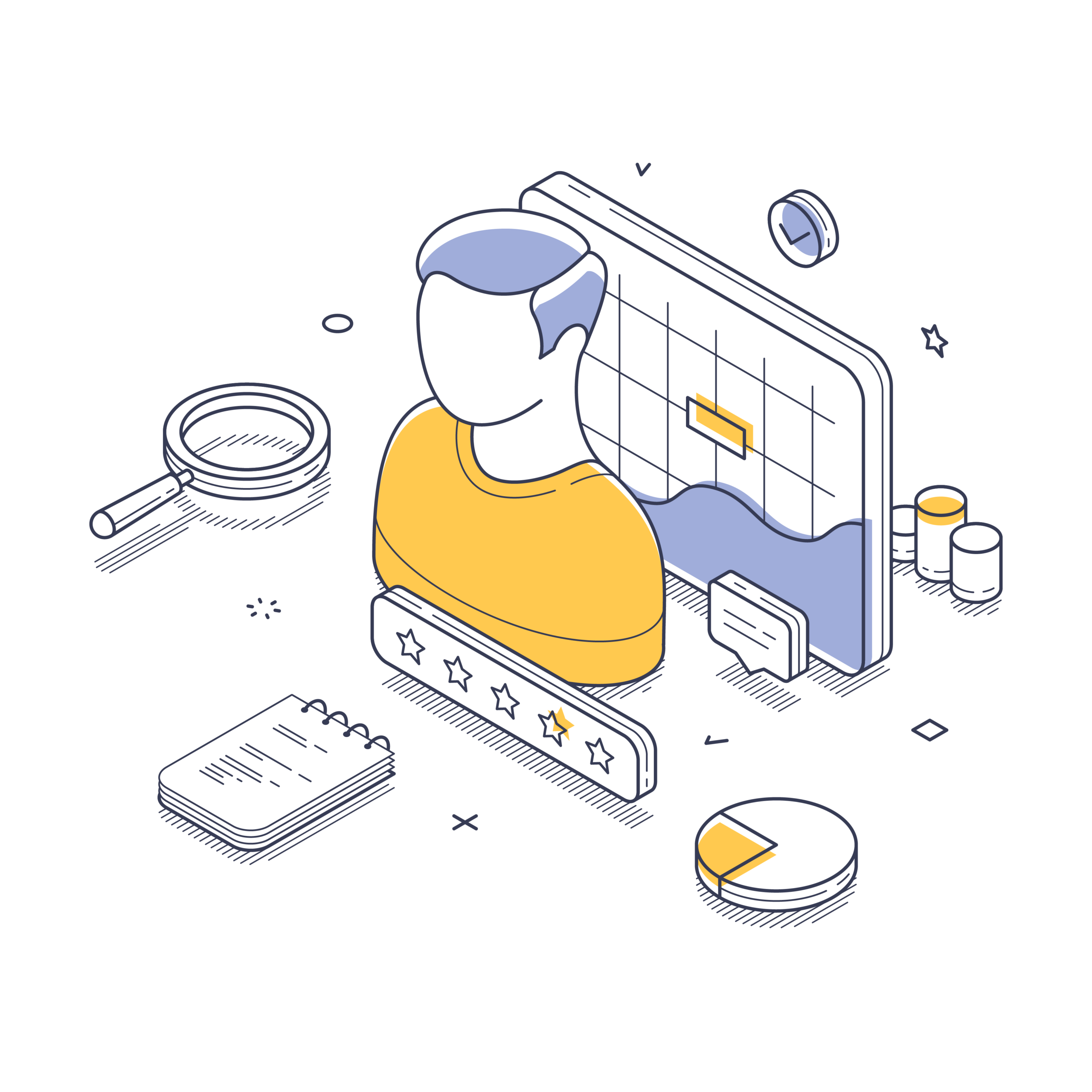 Isometric illustration showing business analytics, customer feedback with stars, a magnifying glass, a notepad, and a pie chart.