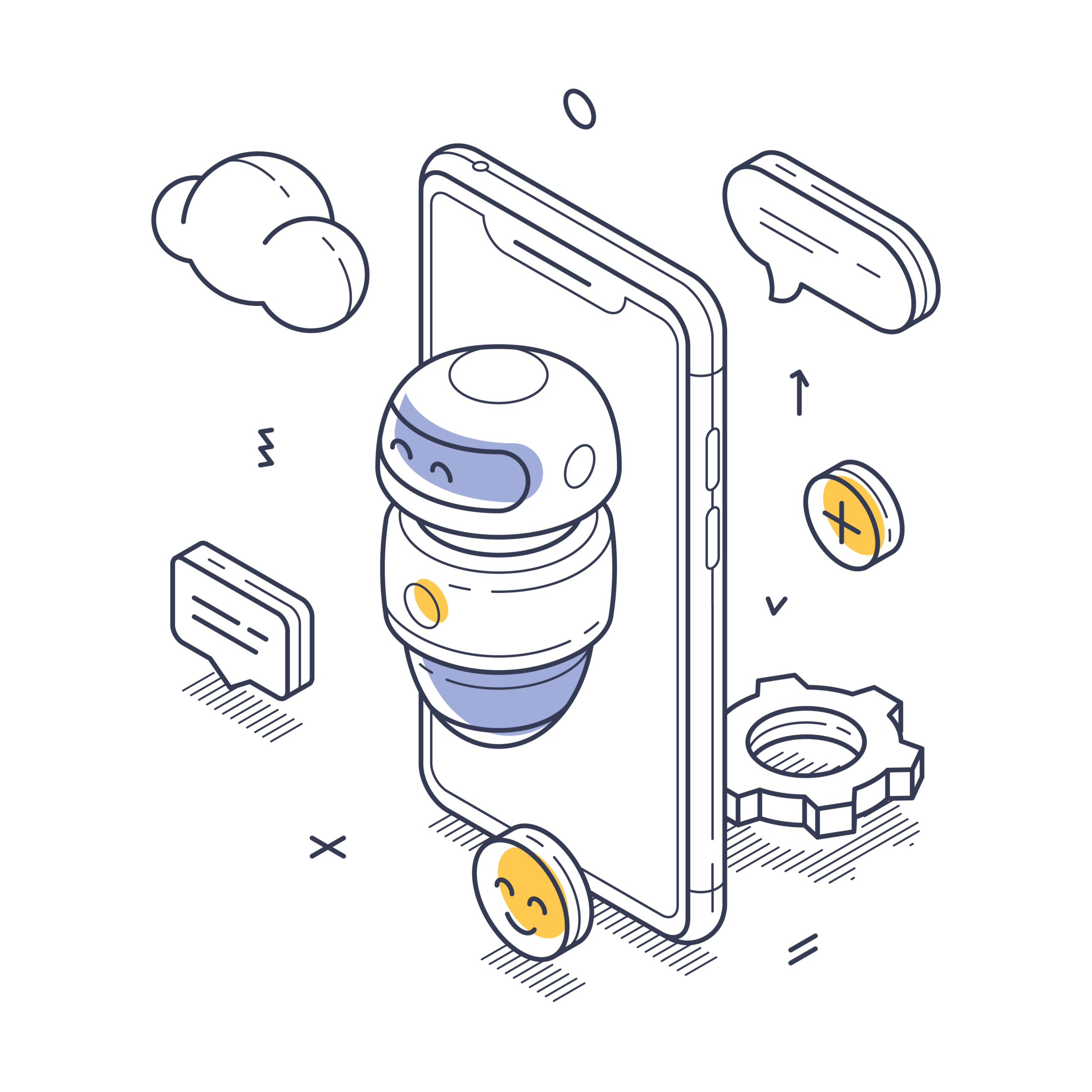 Isometric illustration of a friendly robot chatbot emerging from a smartphone screen, surrounded by icons representing cloud, chat bubbles, gears, and coins.