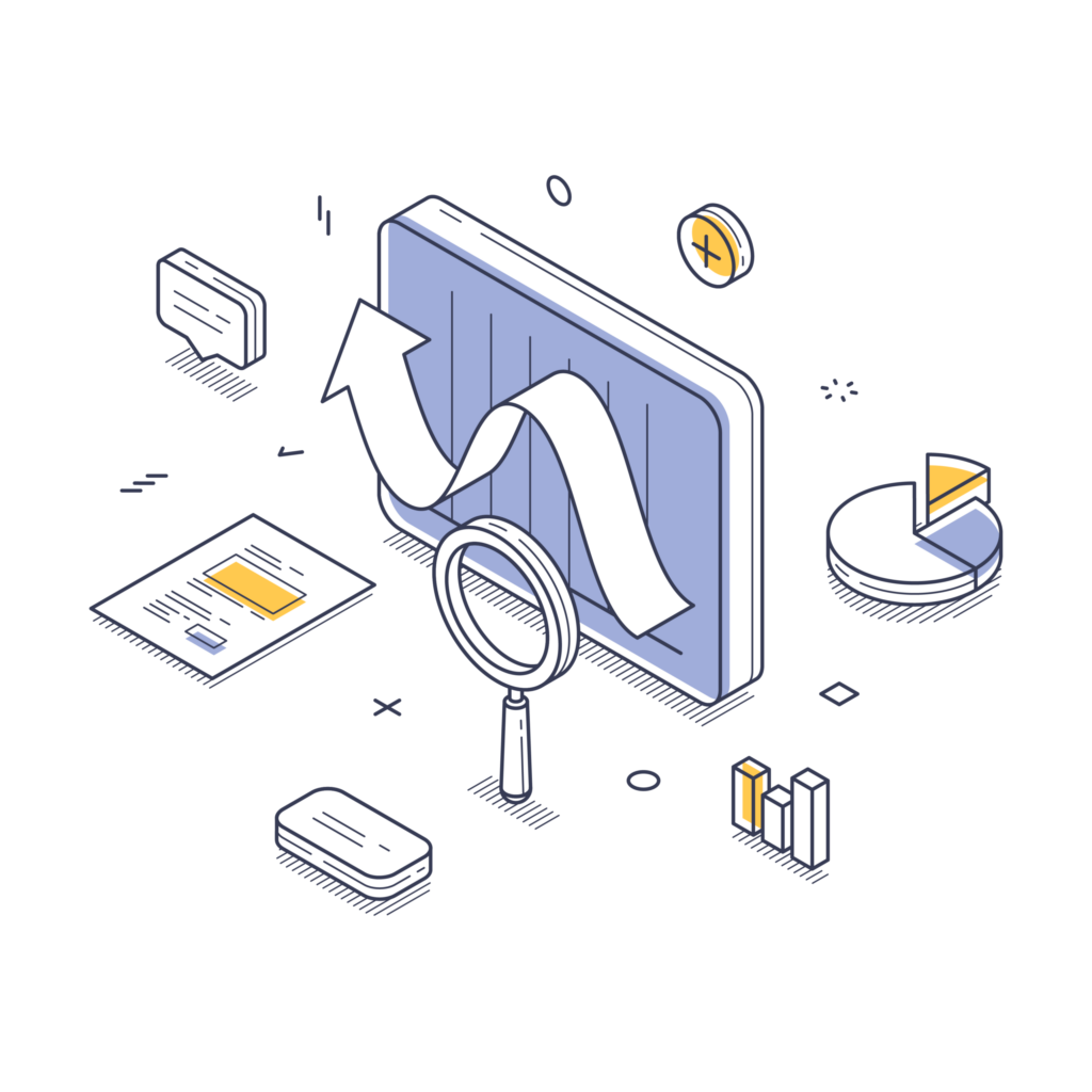 Isometric illustration showing data analysis tools like a magnifying glass, charts, graphs, and a document, representing SEO and business intelligence.