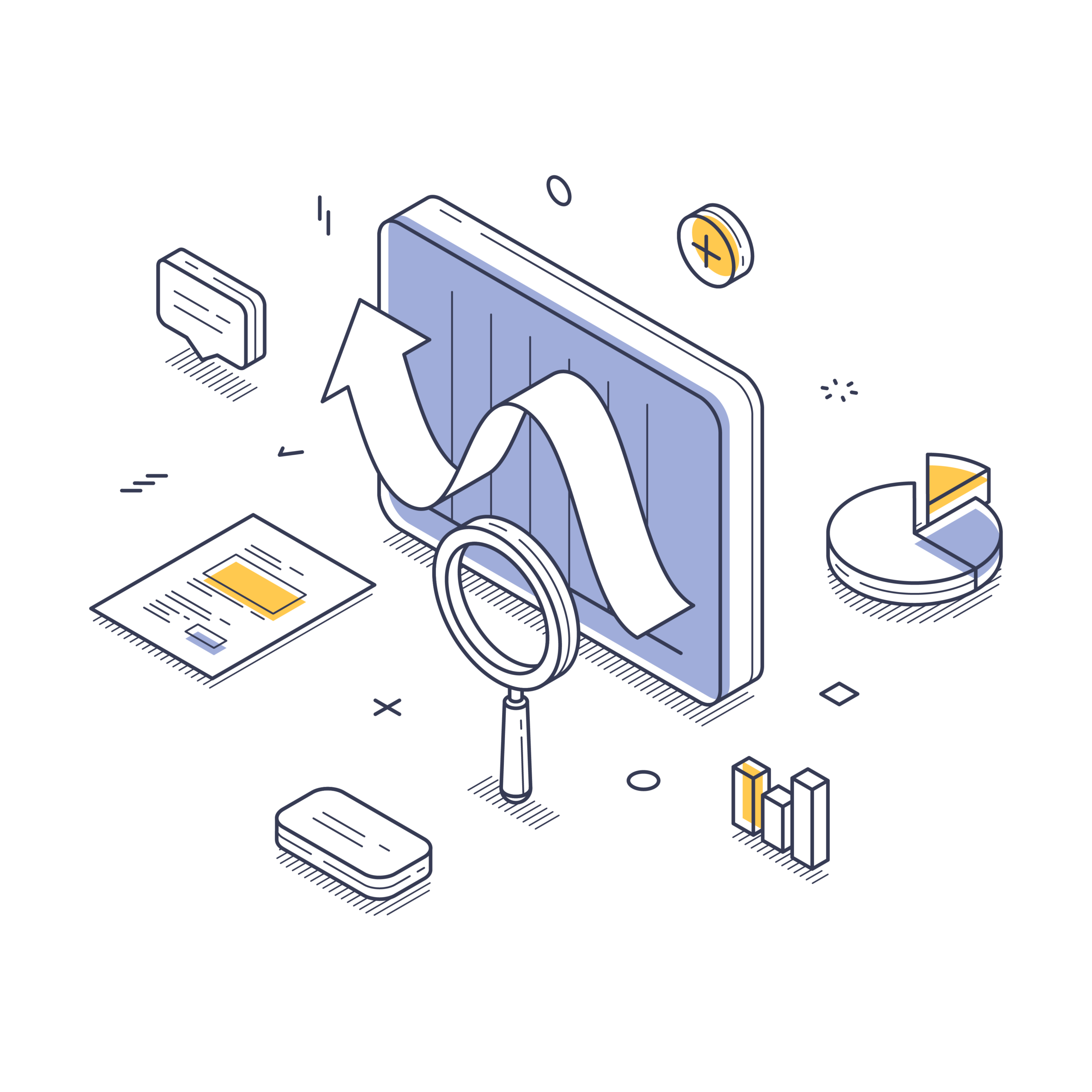Isometric illustration depicting data analysis tools like a magnifying glass, charts, and graphs, representing SEO strategy and business growth.