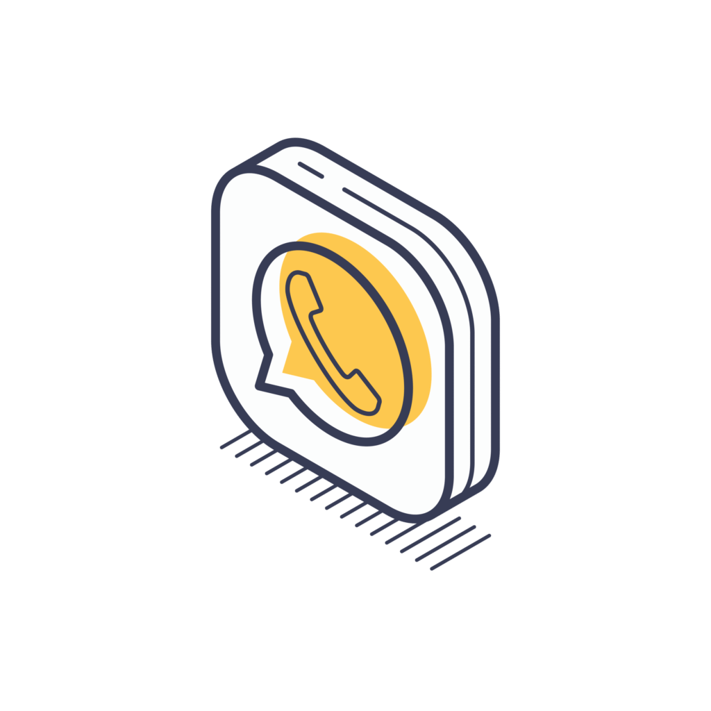 Isometric illustration of the WhatsApp logo featuring a phone handset inside a speech bubble, set against a white background.